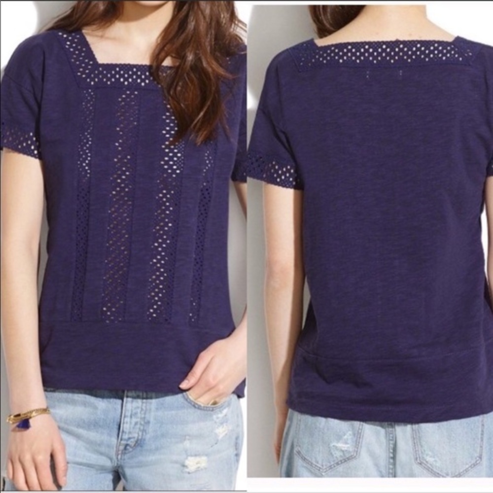 - Madewell Vignette Top eyelit NWT blue navy t shirt short sleeve cotton S